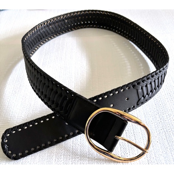 No Brand Tag Accessories - Black Woven Faux Leather Belt Sz L Gold Oval Buckle Boho Western Festival Rodeo‎